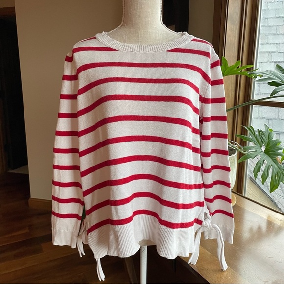 Liz  Claiborne Nautical Cotton Red and White Striped Crewneck Boxy Sweater Large - Picture 1 of 11